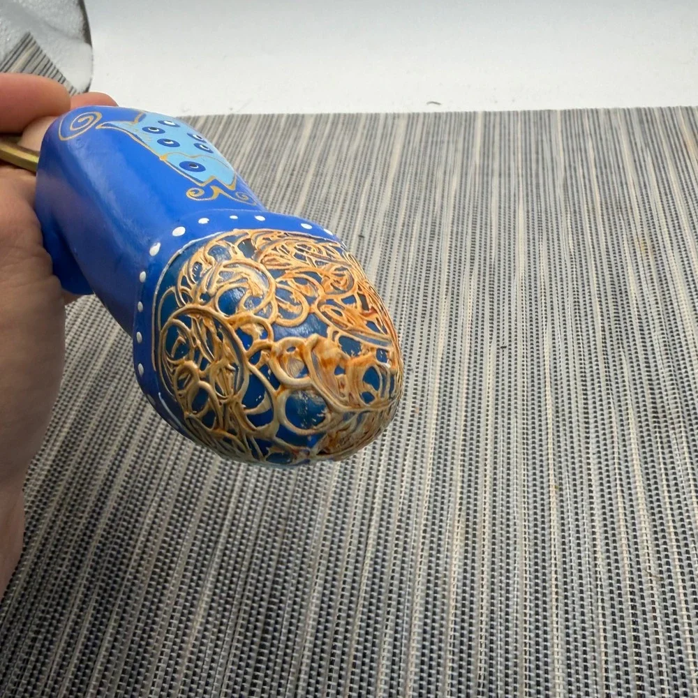 Hand Painted Signed Wood Phallic Bottle Opener Blue Fish Folk Art Novelty 7.5in